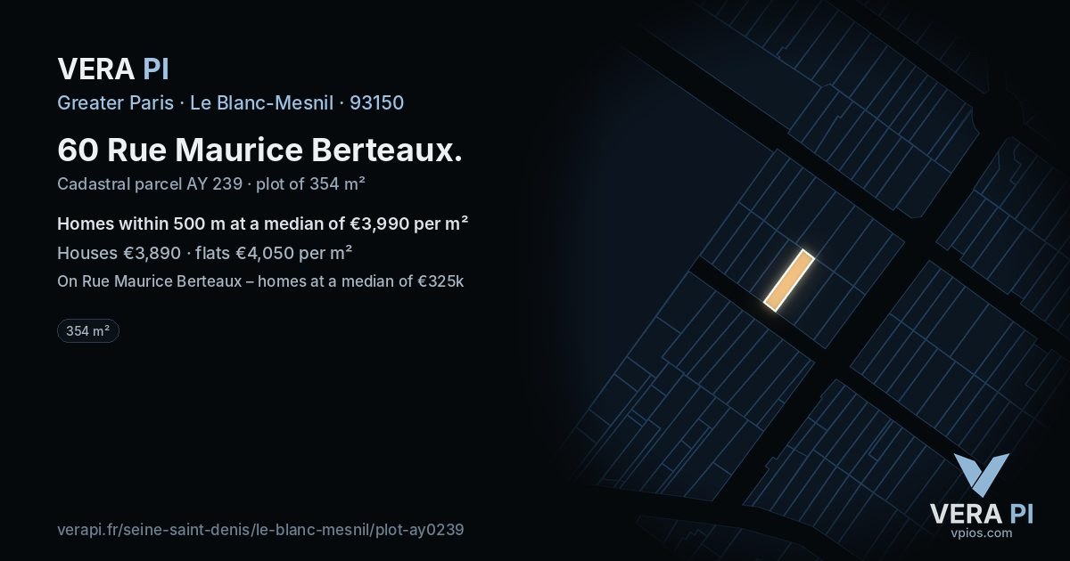 60 Rue Maurice Berteaux, Le Blanc-Mesnil at night – the plot lit, the parcels around coloured by the prices near them