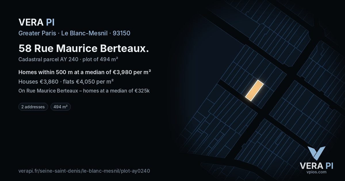 58 Rue Maurice Berteaux, Le Blanc-Mesnil at night – the plot lit, the parcels around coloured by the prices near them