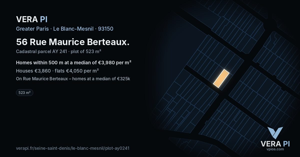 56 Rue Maurice Berteaux, Le Blanc-Mesnil at night – the plot lit, the parcels around coloured by the prices near them