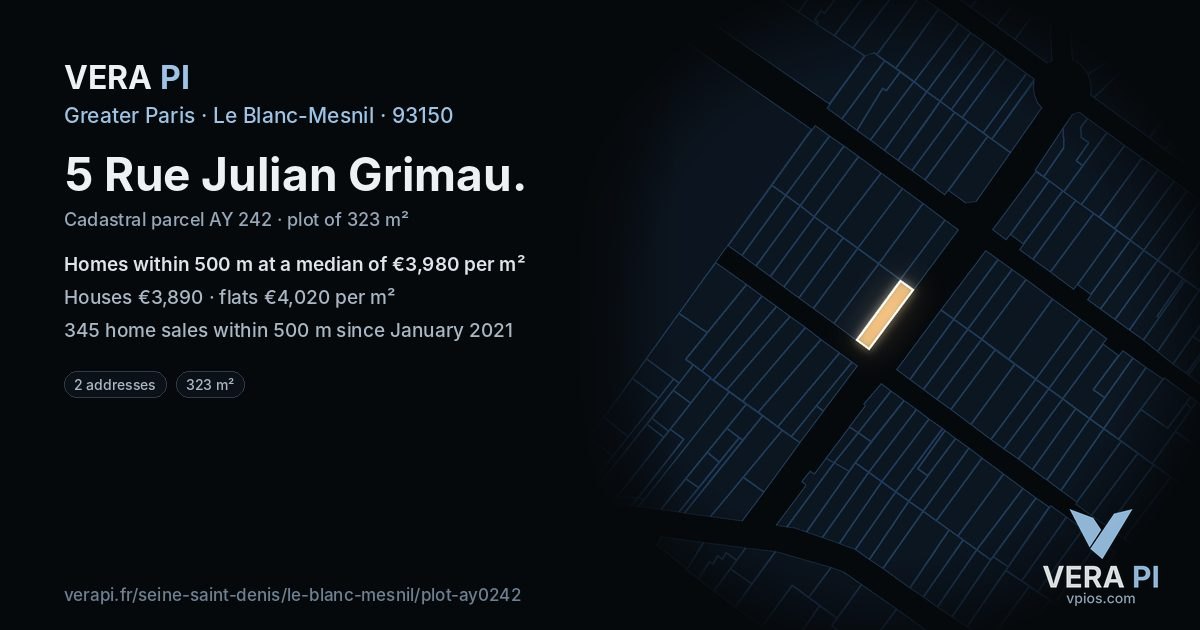 5 Rue Julian Grimau, Le Blanc-Mesnil at night – the plot lit, the parcels around coloured by the prices near them