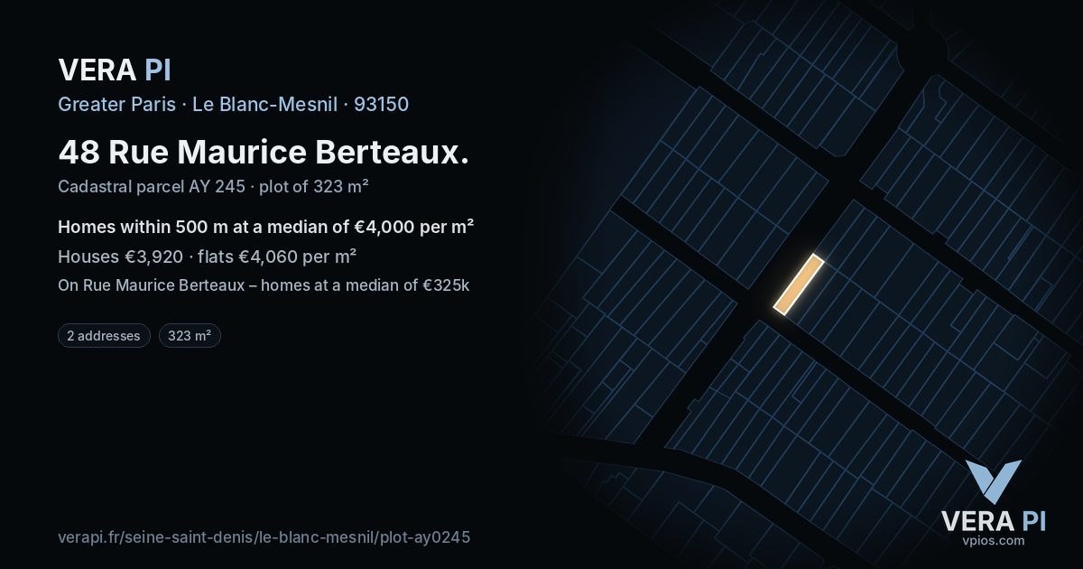 48 Rue Maurice Berteaux, Le Blanc-Mesnil at night – the plot lit, the parcels around coloured by the prices near them
