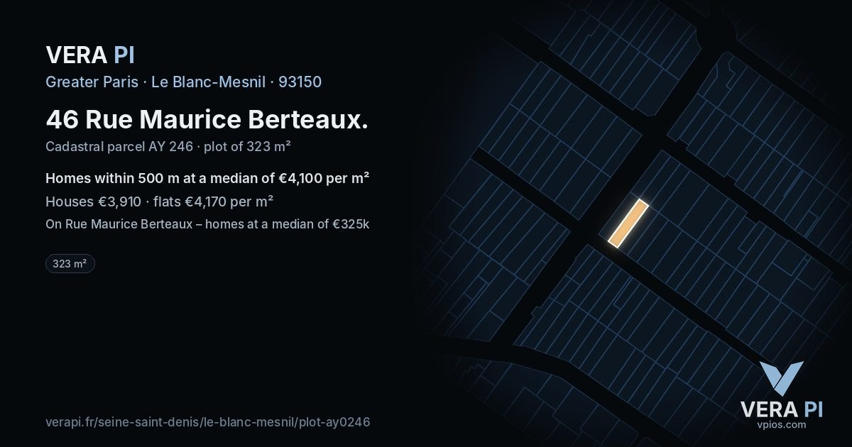 46 Rue Maurice Berteaux, Le Blanc-Mesnil at night – the plot lit, the parcels around coloured by the prices near them