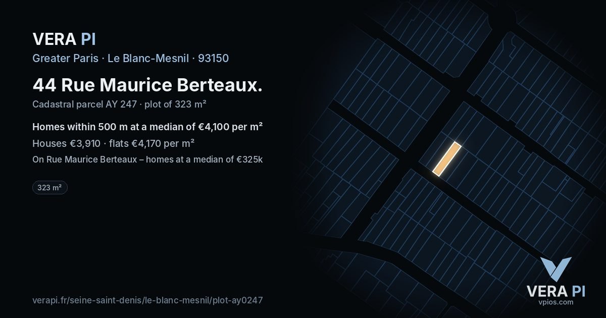 44 Rue Maurice Berteaux, Le Blanc-Mesnil at night – the plot lit, the parcels around coloured by the prices near them