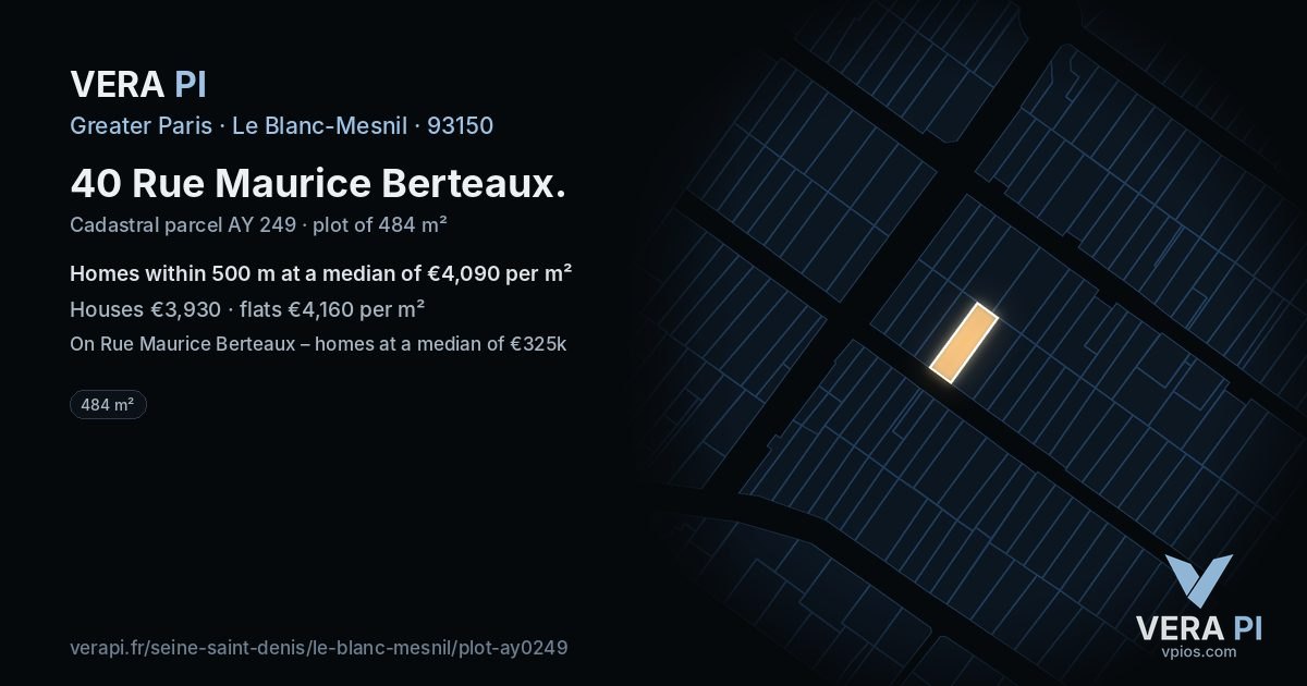 40 Rue Maurice Berteaux, Le Blanc-Mesnil at night – the plot lit, the parcels around coloured by the prices near them