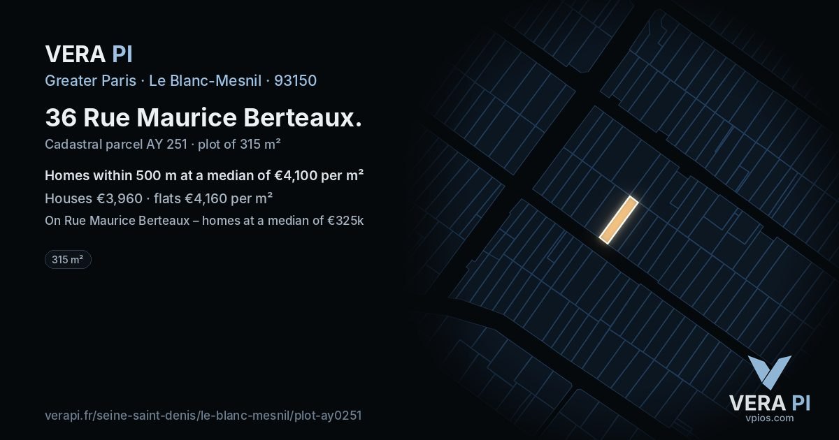 36 Rue Maurice Berteaux, Le Blanc-Mesnil at night – the plot lit, the parcels around coloured by the prices near them