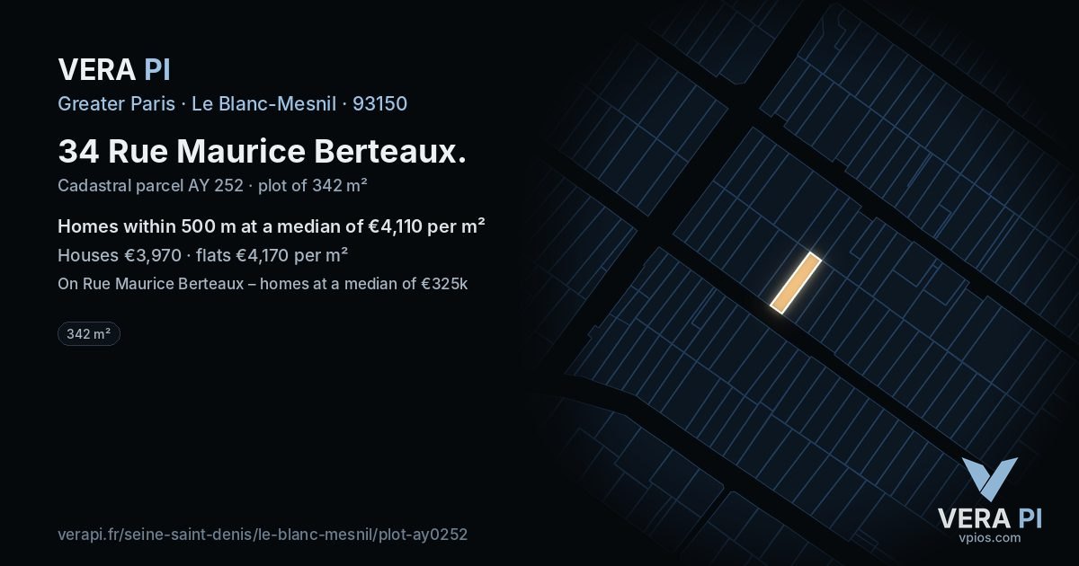 34 Rue Maurice Berteaux, Le Blanc-Mesnil at night – the plot lit, the parcels around coloured by the prices near them