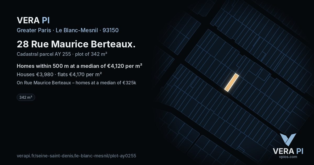 28 Rue Maurice Berteaux, Le Blanc-Mesnil at night – the plot lit, the parcels around coloured by the prices near them