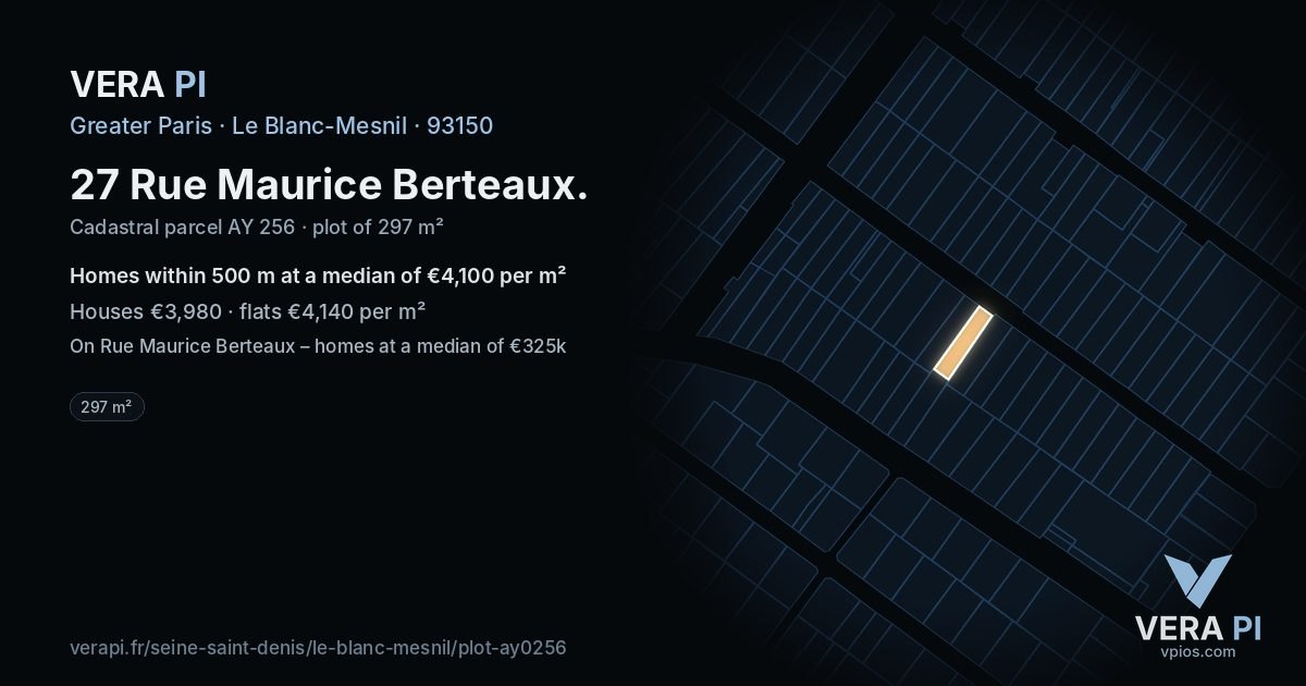 27 Rue Maurice Berteaux, Le Blanc-Mesnil at night – the plot lit, the parcels around coloured by the prices near them