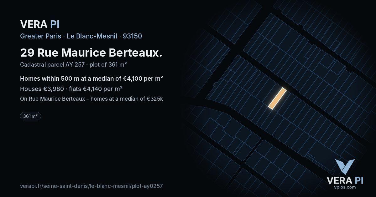29 Rue Maurice Berteaux, Le Blanc-Mesnil at night – the plot lit, the parcels around coloured by the prices near them