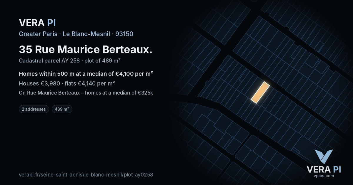 35 Rue Maurice Berteaux, Le Blanc-Mesnil at night – the plot lit, the parcels around coloured by the prices near them