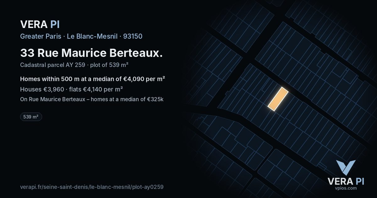 33 Rue Maurice Berteaux, Le Blanc-Mesnil at night – the plot lit, the parcels around coloured by the prices near them