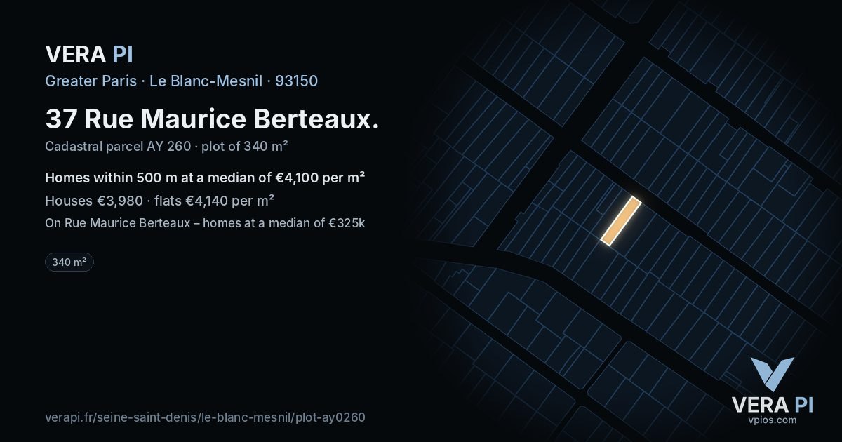 37 Rue Maurice Berteaux, Le Blanc-Mesnil at night – the plot lit, the parcels around coloured by the prices near them