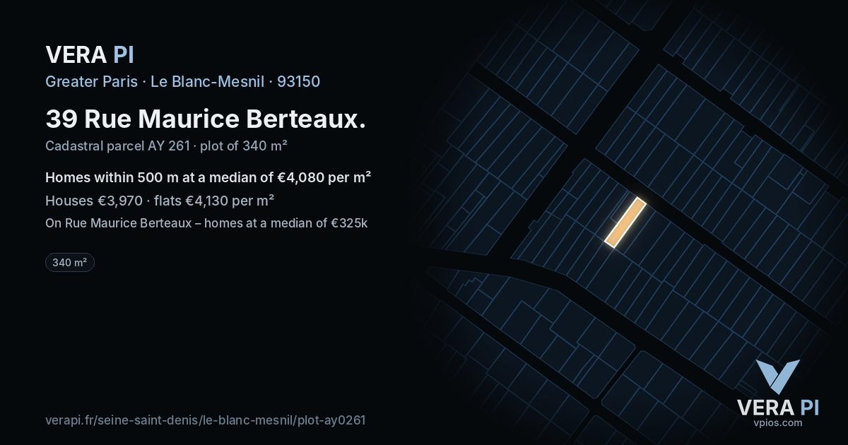 39 Rue Maurice Berteaux, Le Blanc-Mesnil at night – the plot lit, the parcels around coloured by the prices near them