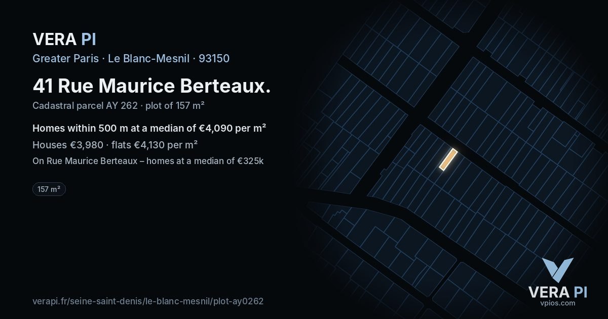 41 Rue Maurice Berteaux, Le Blanc-Mesnil at night – the plot lit, the parcels around coloured by the prices near them