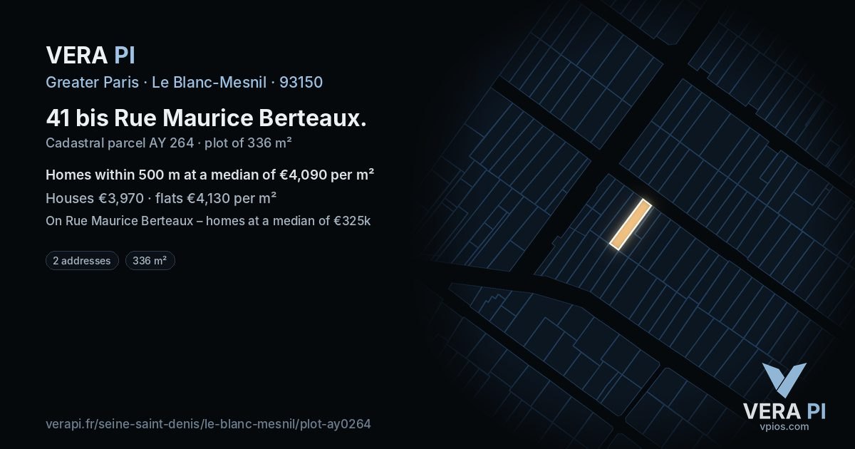 41 bis Rue Maurice Berteaux, Le Blanc-Mesnil at night – the plot lit, the parcels around coloured by the prices near them