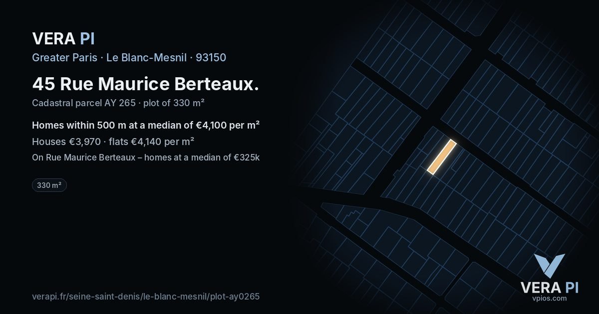 45 Rue Maurice Berteaux, Le Blanc-Mesnil at night – the plot lit, the parcels around coloured by the prices near them