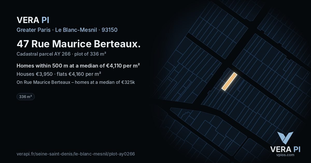 47 Rue Maurice Berteaux, Le Blanc-Mesnil at night – the plot lit, the parcels around coloured by the prices near them