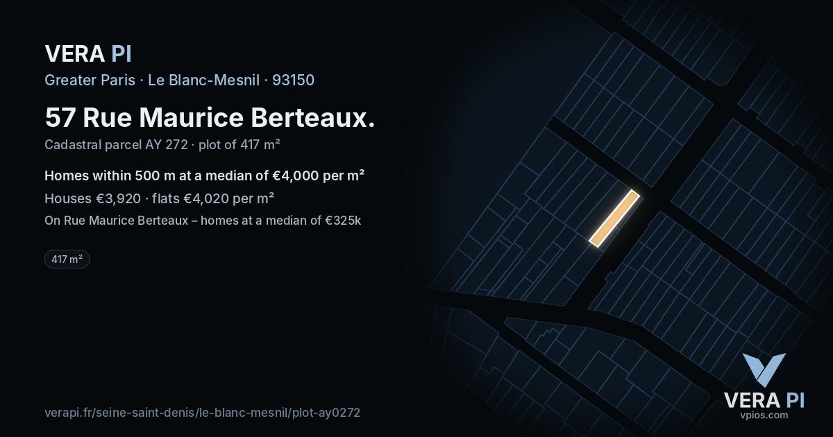 57 Rue Maurice Berteaux, Le Blanc-Mesnil at night – the plot lit, the parcels around coloured by the prices near them