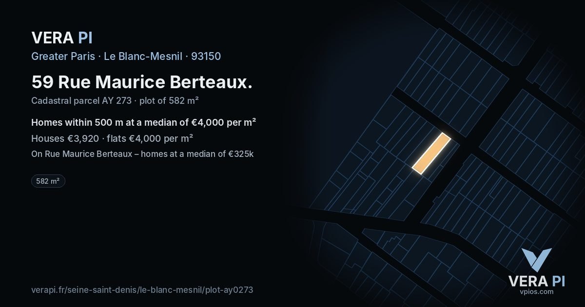 59 Rue Maurice Berteaux, Le Blanc-Mesnil at night – the plot lit, the parcels around coloured by the prices near them