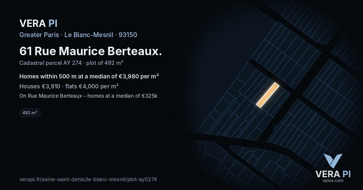 61 Rue Maurice Berteaux, Le Blanc-Mesnil at night – the plot lit, the parcels around coloured by the prices near them