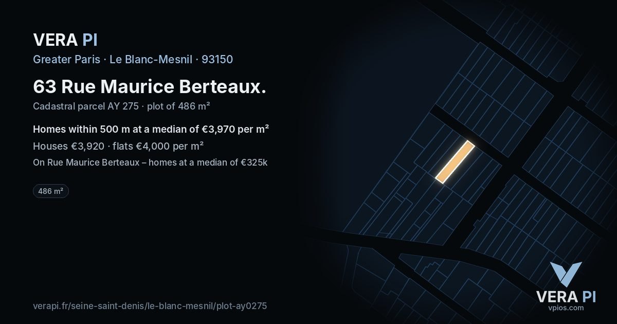 63 Rue Maurice Berteaux, Le Blanc-Mesnil at night – the plot lit, the parcels around coloured by the prices near them