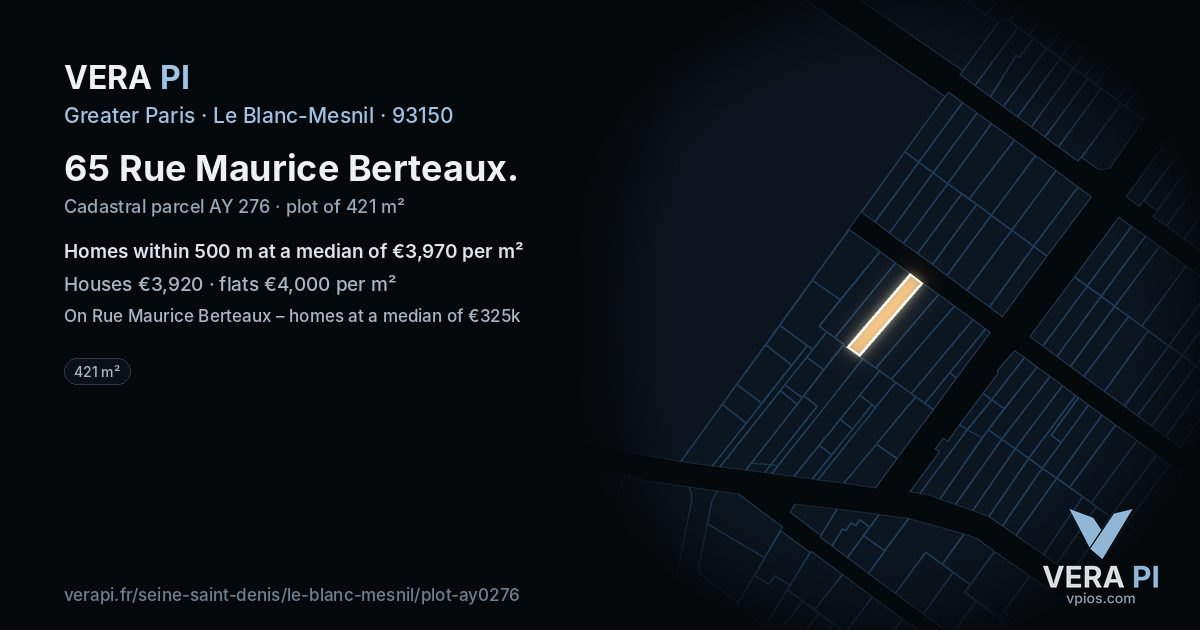65 Rue Maurice Berteaux, Le Blanc-Mesnil at night – the plot lit, the parcels around coloured by the prices near them