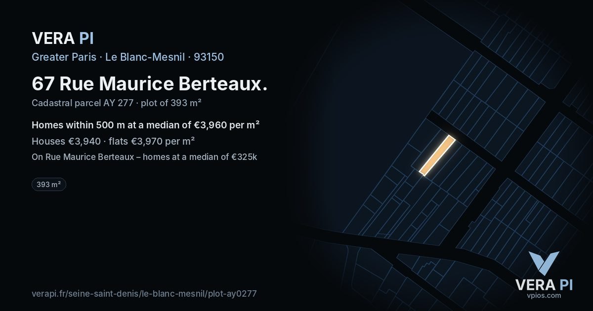 67 Rue Maurice Berteaux, Le Blanc-Mesnil at night – the plot lit, the parcels around coloured by the prices near them