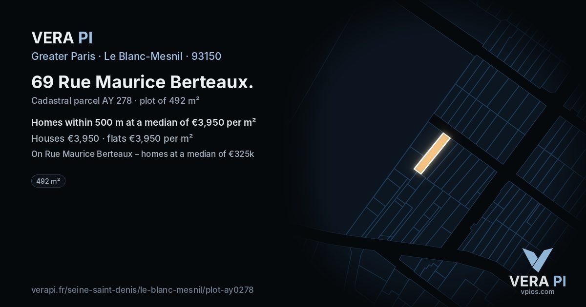69 Rue Maurice Berteaux, Le Blanc-Mesnil at night – the plot lit, the parcels around coloured by the prices near them