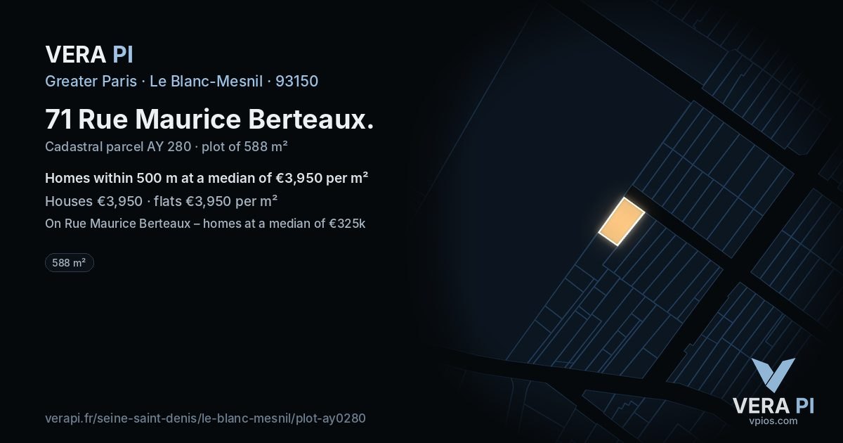 71 Rue Maurice Berteaux, Le Blanc-Mesnil at night – the plot lit, the parcels around coloured by the prices near them
