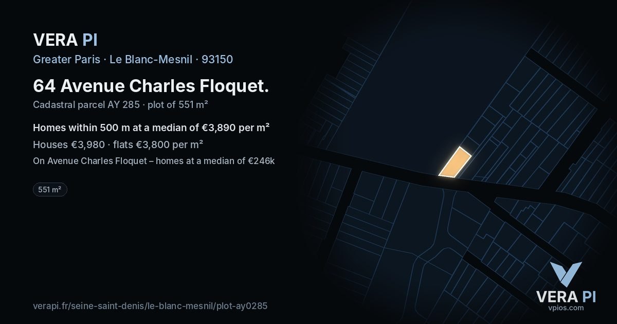 64 Avenue Charles Floquet, Le Blanc-Mesnil at night – the plot lit, the parcels around coloured by the prices near them