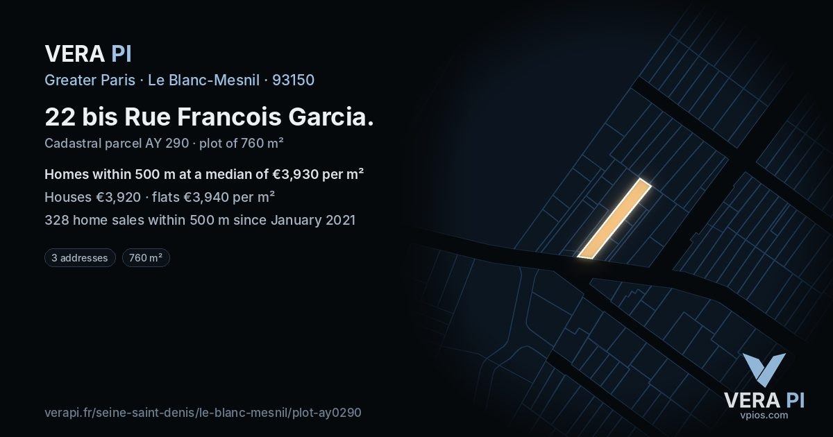 22 bis Rue Francois Garcia, Le Blanc-Mesnil at night – the plot lit, the parcels around coloured by the prices near them