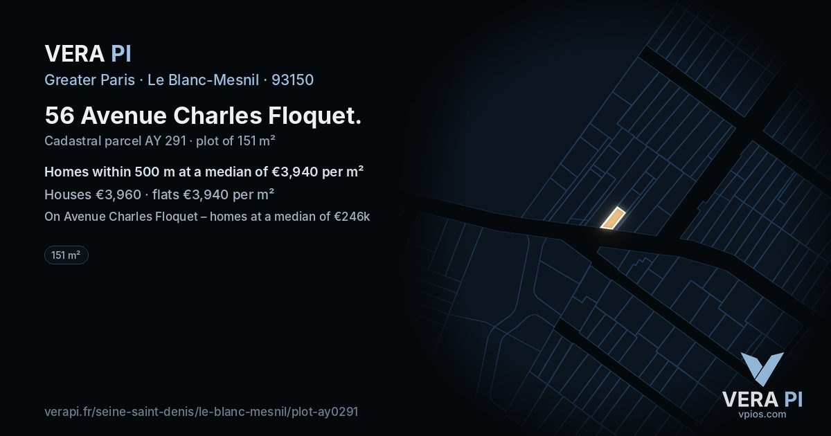 56 Avenue Charles Floquet, Le Blanc-Mesnil at night – the plot lit, the parcels around coloured by the prices near them