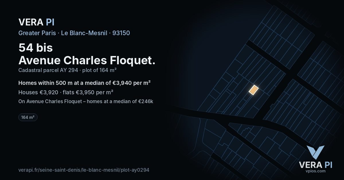 54 bis Avenue Charles Floquet, Le Blanc-Mesnil at night – the plot lit, the parcels around coloured by the prices near them