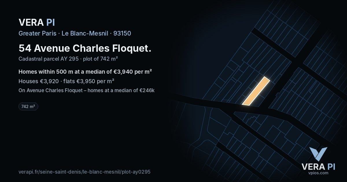 54 Avenue Charles Floquet, Le Blanc-Mesnil at night – the plot lit, the parcels around coloured by the prices near them