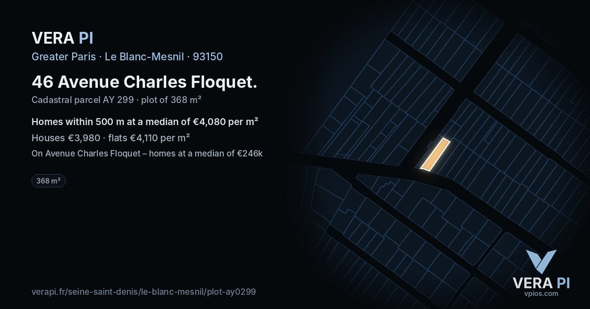 46 Avenue Charles Floquet, Le Blanc-Mesnil at night – the plot lit, the parcels around coloured by the prices near them