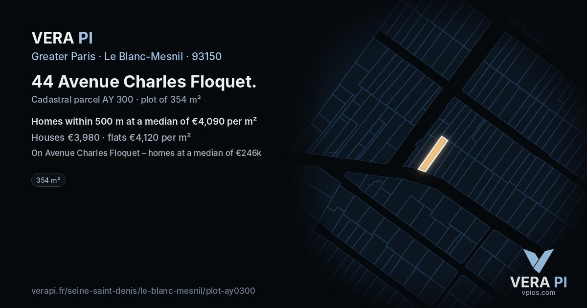 44 Avenue Charles Floquet, Le Blanc-Mesnil at night – the plot lit, the parcels around coloured by the prices near them