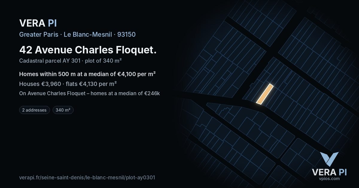 42 Avenue Charles Floquet, Le Blanc-Mesnil at night – the plot lit, the parcels around coloured by the prices near them