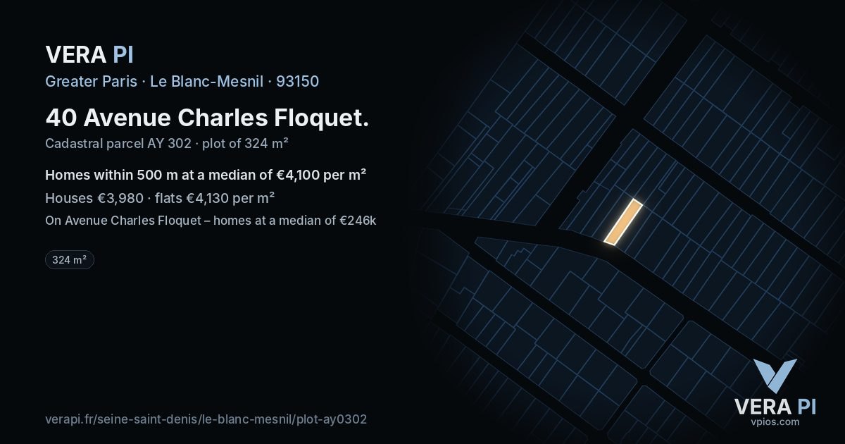 40 Avenue Charles Floquet, Le Blanc-Mesnil at night – the plot lit, the parcels around coloured by the prices near them