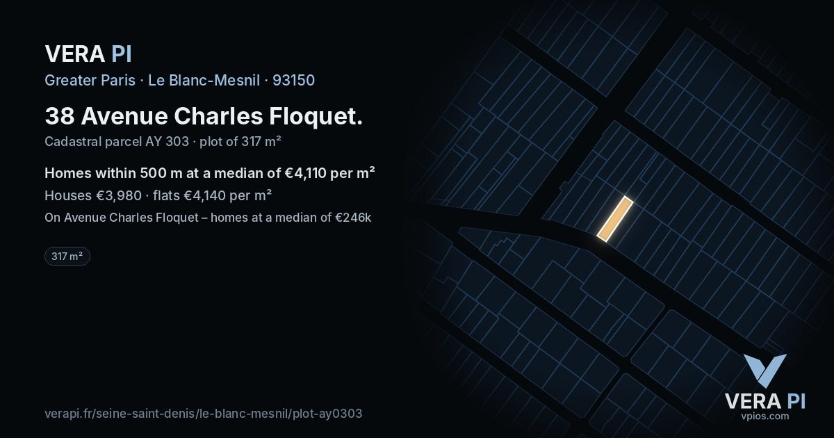 38 Avenue Charles Floquet, Le Blanc-Mesnil at night – the plot lit, the parcels around coloured by the prices near them
