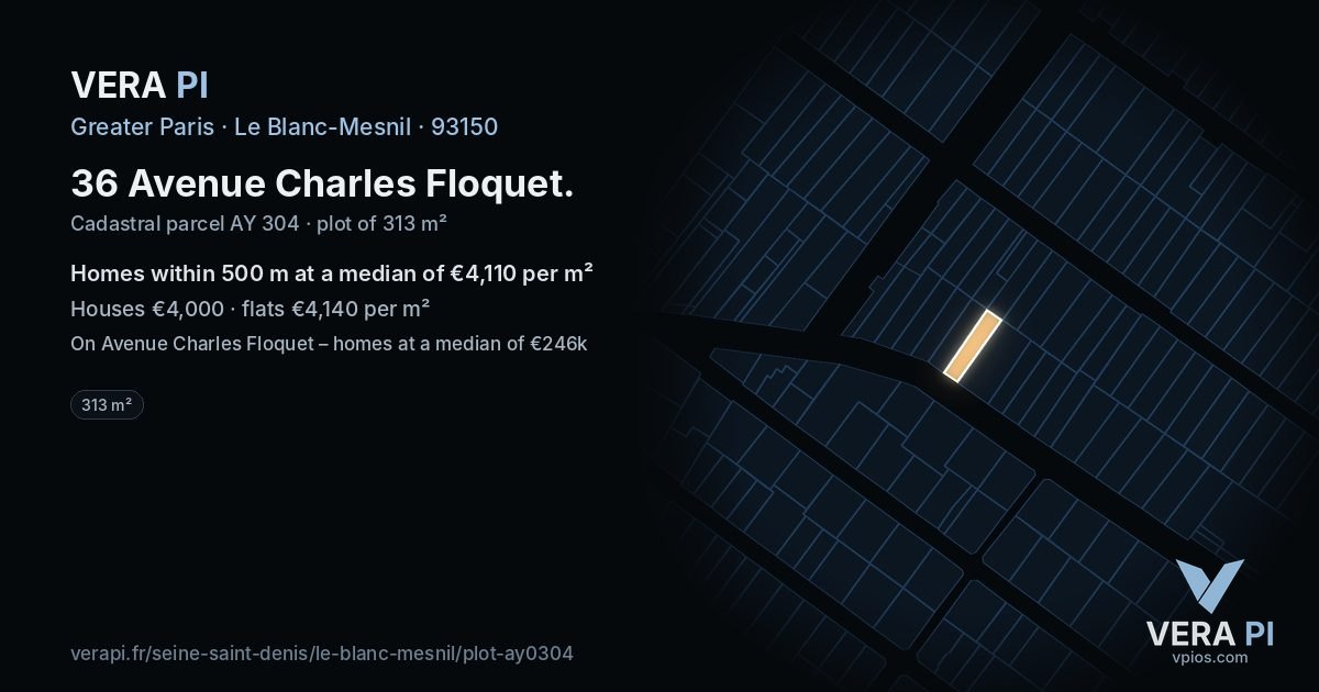 36 Avenue Charles Floquet, Le Blanc-Mesnil at night – the plot lit, the parcels around coloured by the prices near them