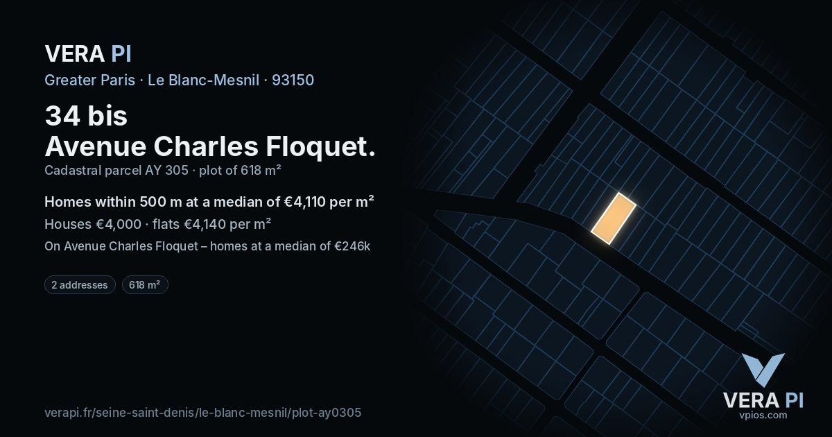 34 bis Avenue Charles Floquet, Le Blanc-Mesnil at night – the plot lit, the parcels around coloured by the prices near them