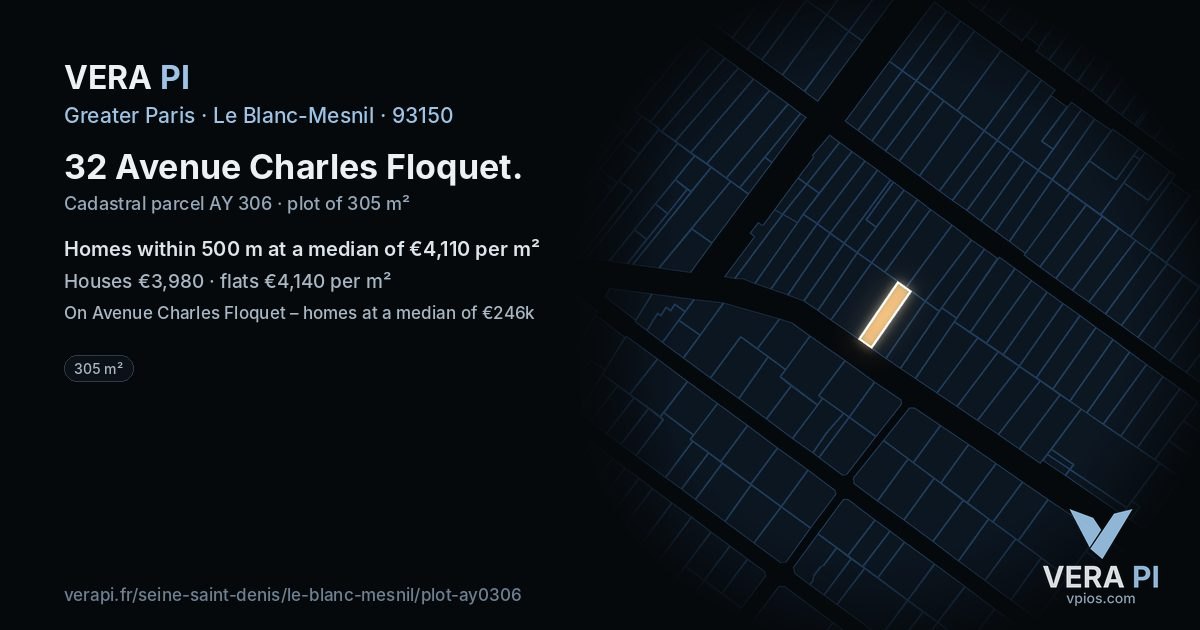 32 Avenue Charles Floquet, Le Blanc-Mesnil at night – the plot lit, the parcels around coloured by the prices near them