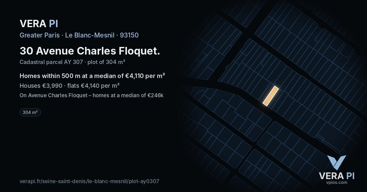 30 Avenue Charles Floquet, Le Blanc-Mesnil at night – the plot lit, the parcels around coloured by the prices near them