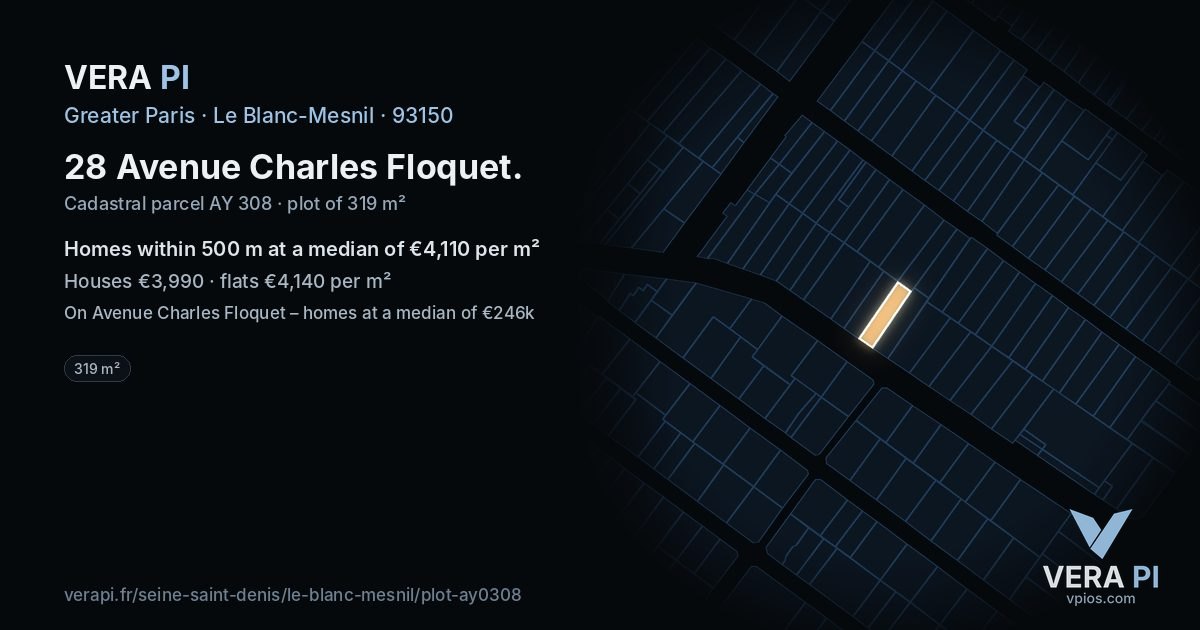 28 Avenue Charles Floquet, Le Blanc-Mesnil at night – the plot lit, the parcels around coloured by the prices near them