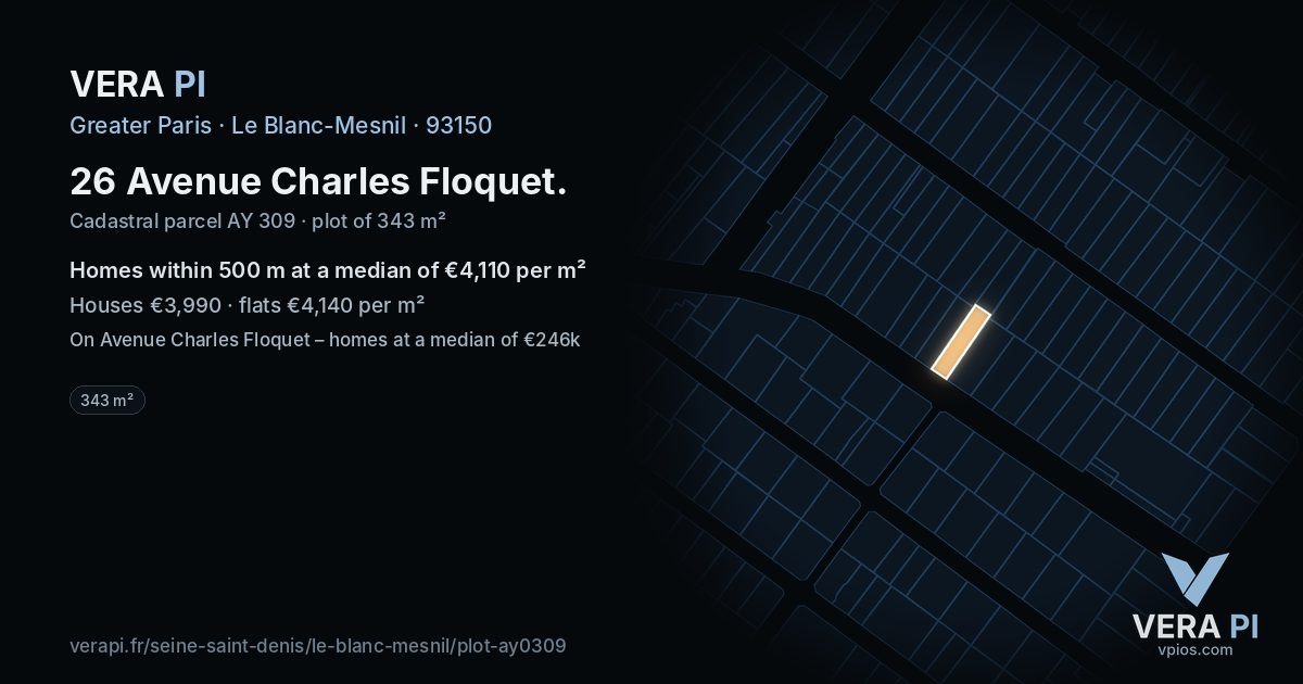 26 Avenue Charles Floquet, Le Blanc-Mesnil at night – the plot lit, the parcels around coloured by the prices near them
