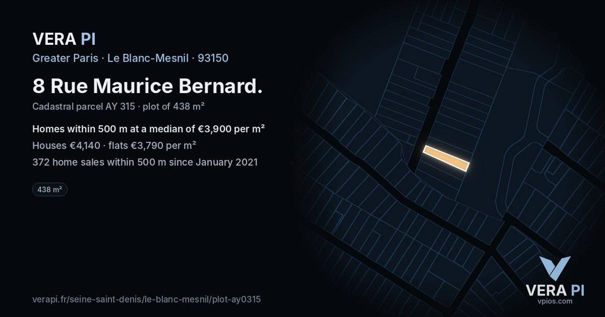 8 Rue Maurice Bernard, Le Blanc-Mesnil at night – the plot lit, the parcels around coloured by the prices near them