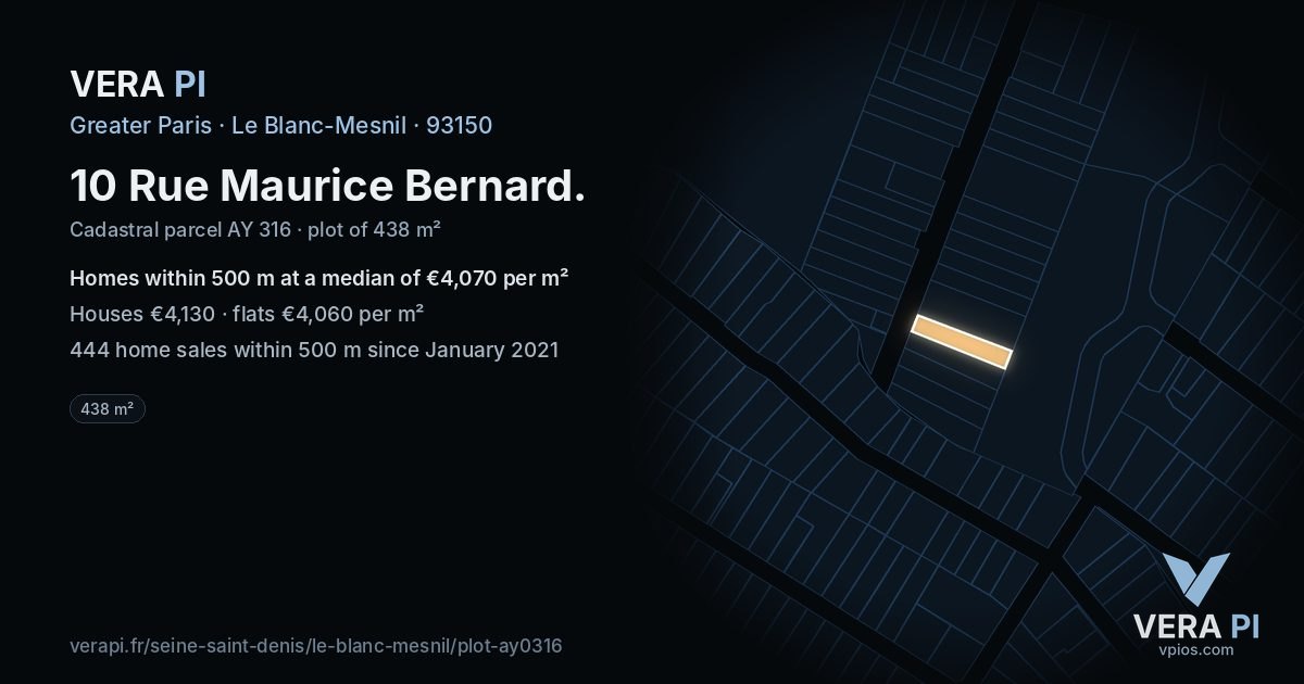 10 Rue Maurice Bernard, Le Blanc-Mesnil at night – the plot lit, the parcels around coloured by the prices near them
