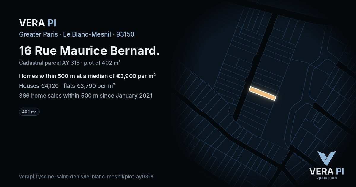 16 Rue Maurice Bernard, Le Blanc-Mesnil at night – the plot lit, the parcels around coloured by the prices near them