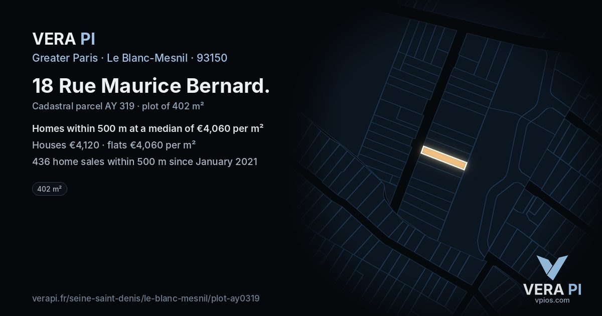 18 Rue Maurice Bernard, Le Blanc-Mesnil at night – the plot lit, the parcels around coloured by the prices near them