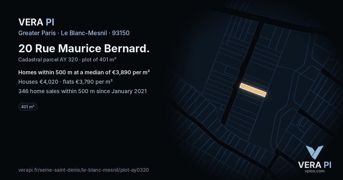 20 Rue Maurice Bernard, Le Blanc-Mesnil at night – the plot lit, the parcels around coloured by the prices near them